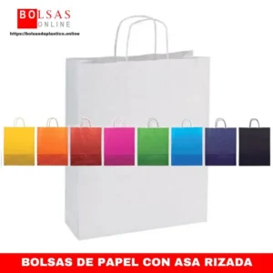Bolsas de papel de colores con asa rizada.